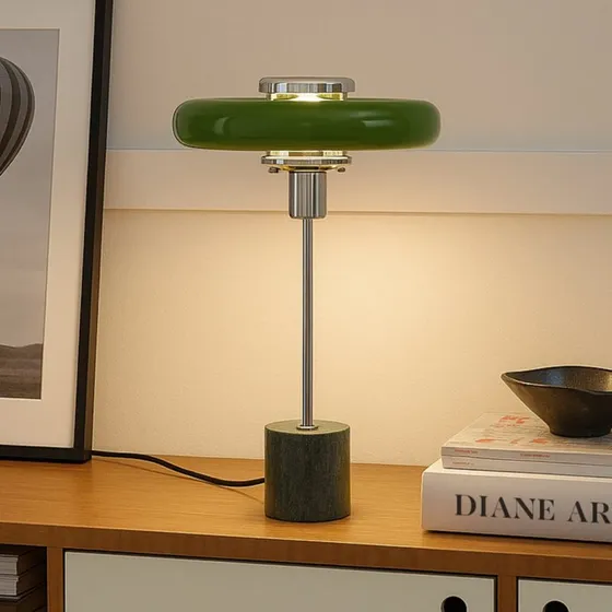 Lampa stołowa Lindby Branford, zielona, metal i marmur, styl retro