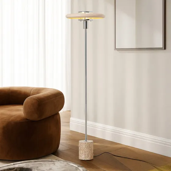 Lindby Lampa stojąca Branford, retro, beżowa, metal/trawertyn