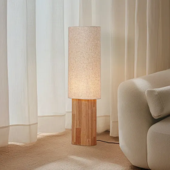 Lindby Lampa stojąca Kimiko, 100 cm, drewno i tkanina, E27