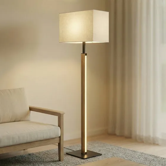 Lampa stojąca LED Quitani Lisene, dąb/czarny/naturalny, 162 cm