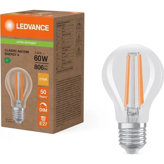 Ledvance Classic LED E27 3,8W Ciepa Biel Przezroczysta