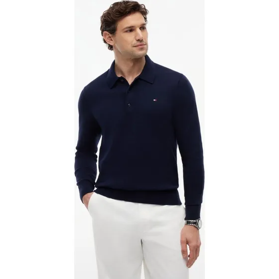 Tommy Hilfiger Sweter Polo z Kaszmirem Męski Niebieski XXL