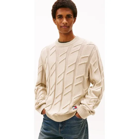 Tommy Jeans Sweter Męski Beżowy z Warkoczowym Splotem