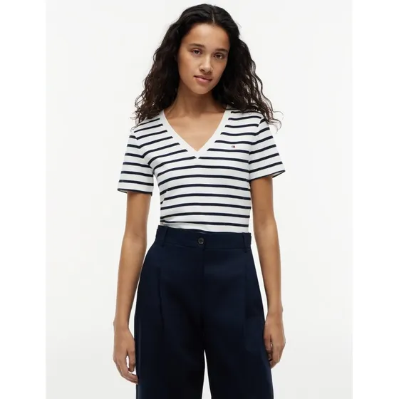 Tommy Hilfiger Koszulka Slim Cody V-NK S Biała z Morskimi Pasami