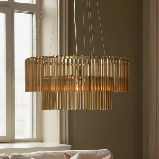 Globen Lighting Żyrandol Hook 60, szkło koniakowe i mosiądz
