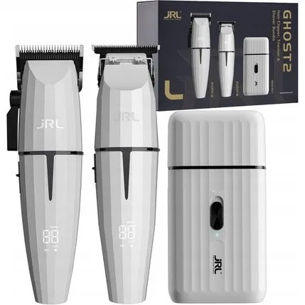 JRL Ghost 2 Zestaw: Maszynka + Trymer + Golarka + 2 Stacje Ładowania (Śnieżna Biała)