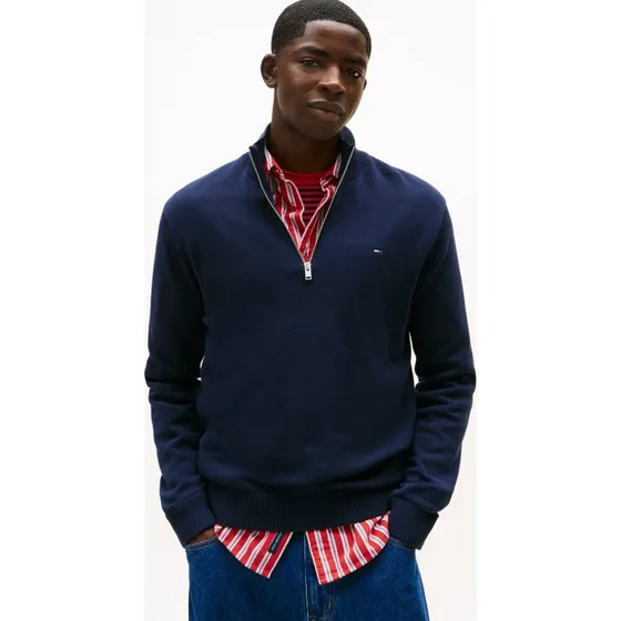Tommy Jeans Sweter Dzianinowy Niebieski z Kołnierzem Troyer