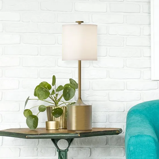 Lampa stołowa Elstead Issa, 68 cm, len/metal, kość słoniowa/złoto