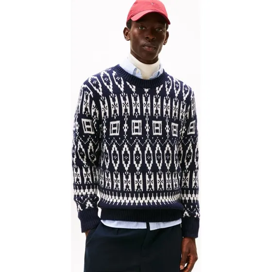 Tommy Hilfiger Sweter Męski z Wzorem i Domieszką Wełny, Niebieski