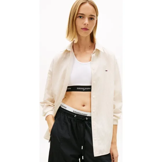 Tommy Jeans Bluzka z Lnu w Paski, Brązowa