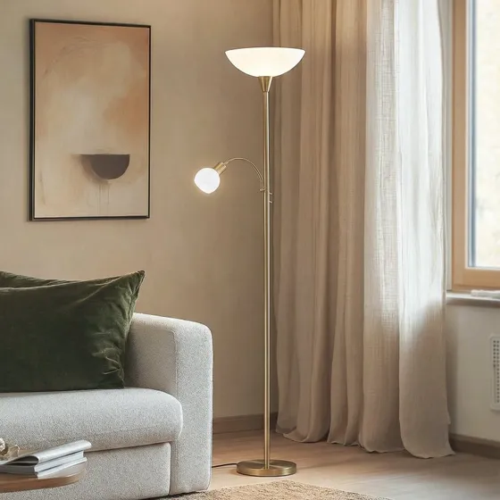 Lampa podłogowa Lindby Elaina, mosiądz, 183 cm, E27/E14