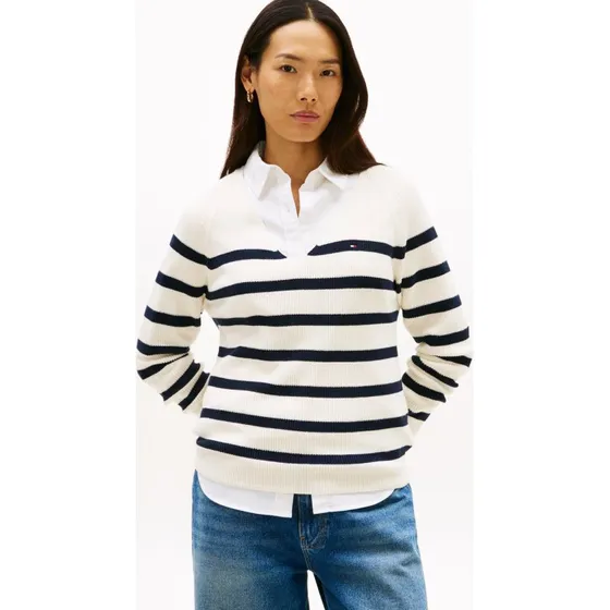 Tommy Hilfiger Sweter z dzianiny z dekoltem w serek, biały