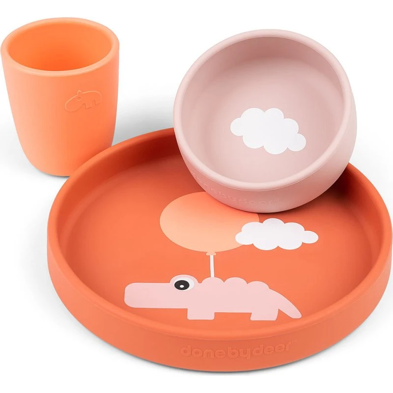 Done by Deer Silikonowy Zestaw Obiadowy Happy Clouds Papaya 3 szt