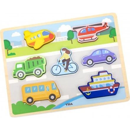 VIGA Drewniane Puzzle Układanka Montessori 2w1 Pojazdy