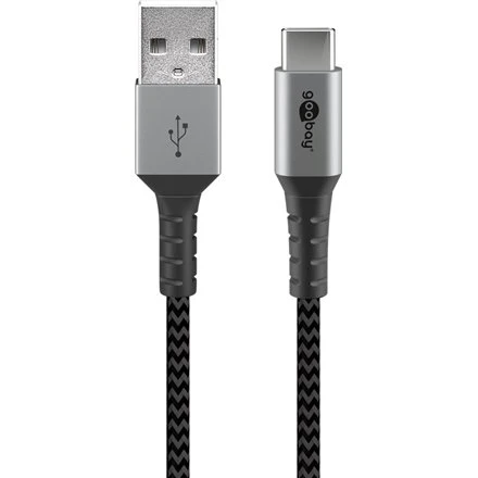 Goobay Kabel tekstylny USB-C na USB-A 2 m z metalowymi wtyczkami szary/srebrny