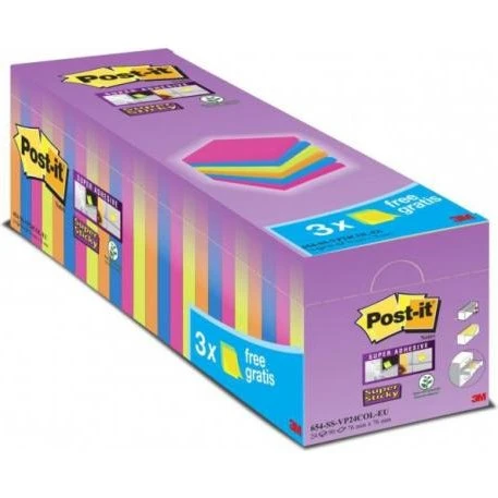 3M Post-it Super Sticky Notes 76x76 mm, 24 bloczki po 90 szt., mix kolorów
