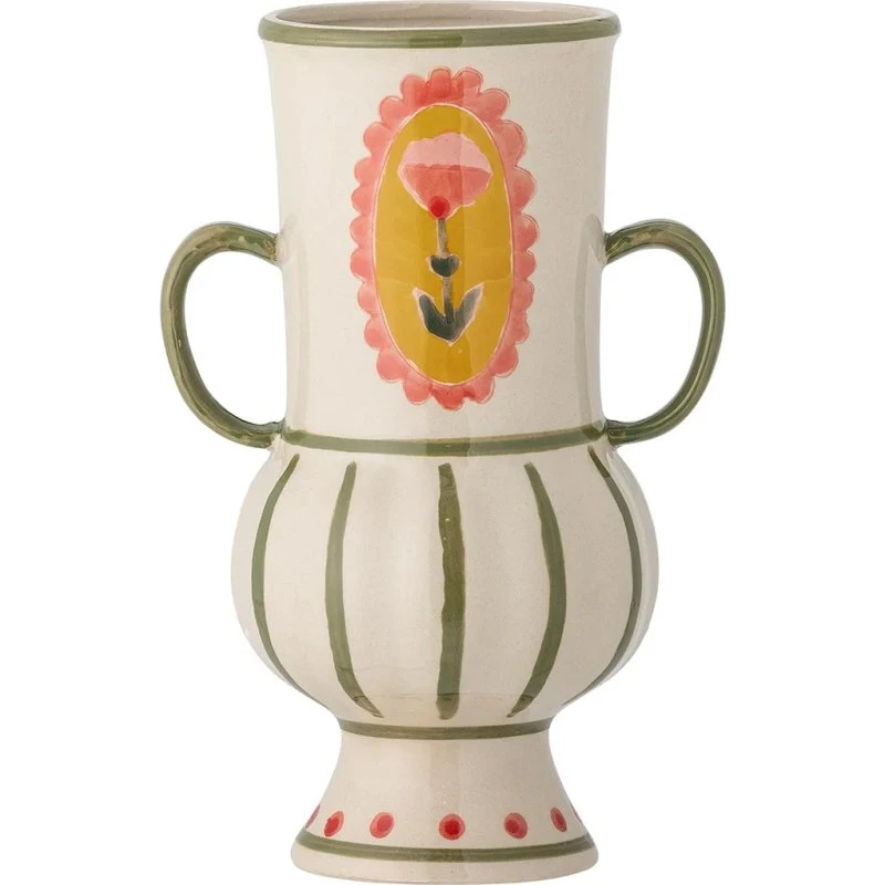 Bloomingville Wazon Odina 21 cm, kremowy z ręcznie malowanym wzorem