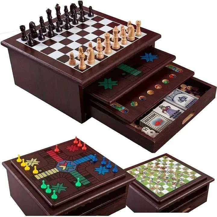Wooden 15-in-1 Game Set – Chińczyk, Szachy, Warcaby