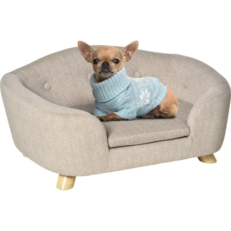 PawHut Sofa dla psa i kota z drewna sosnowego, 70x47x30 cm, beżowo-szary
