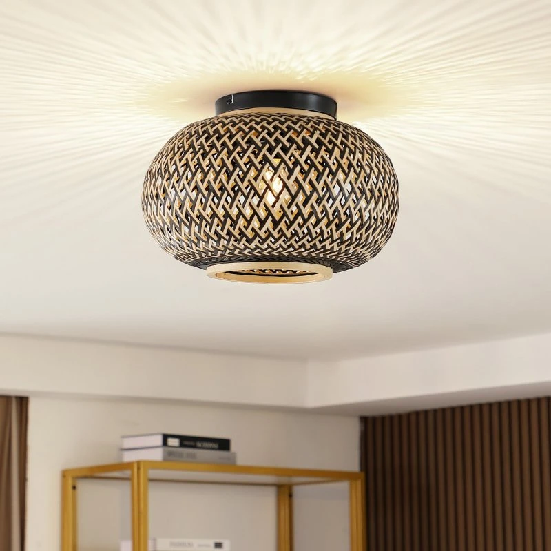 Lindby Nerys Lampa Sufitowa Black/Wood, Bambus, Ø 38 cm