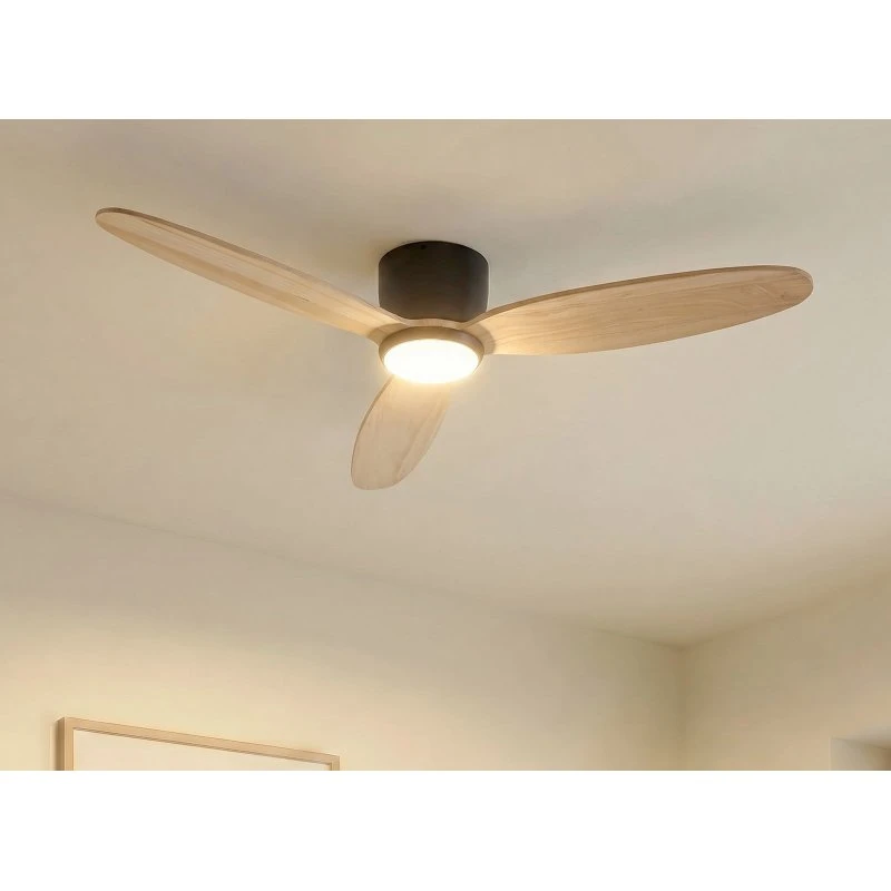 Wentylator sufitowy LED Lucande Lignia, Ø 132 cm, CCT, czarny/drewno