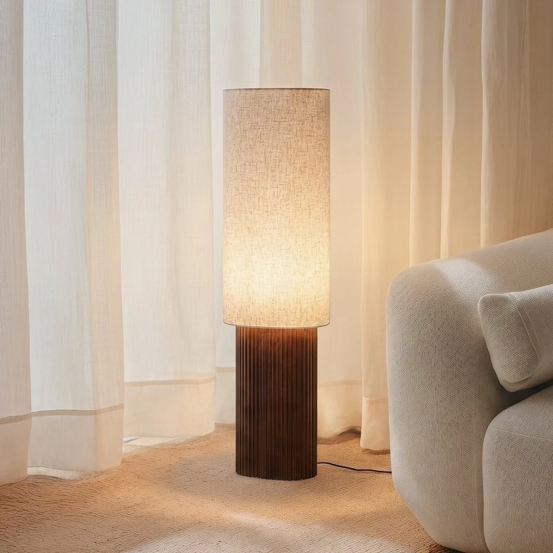 Lampa stojąca Lindby Kimiko, drewno orzechowe, tkanina, 100 cm