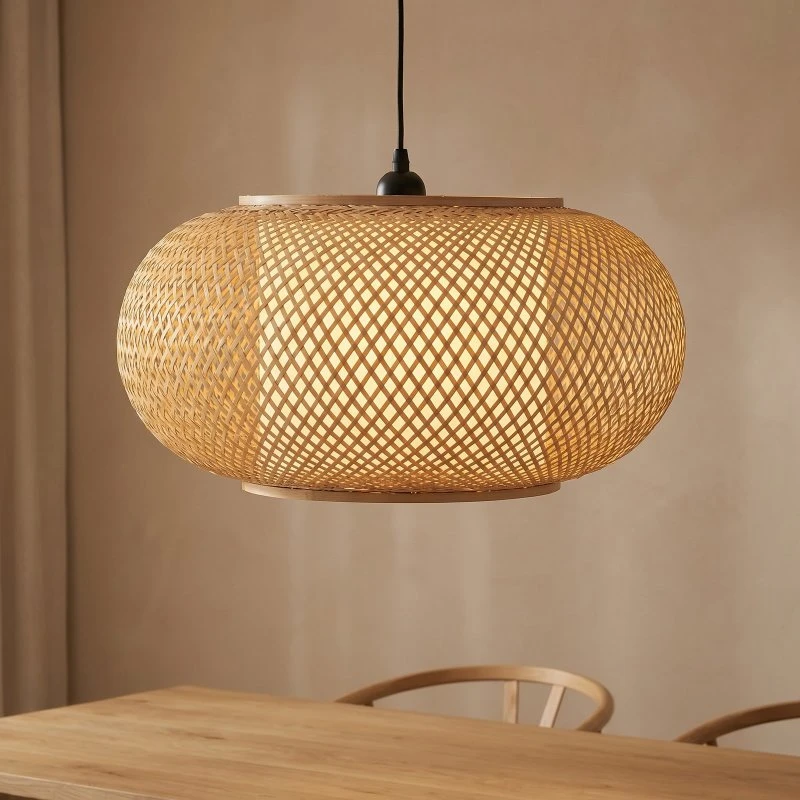 Żyrandol Lindby Romaine, bambus, kolor naturalny, Ø 50 cm, E27