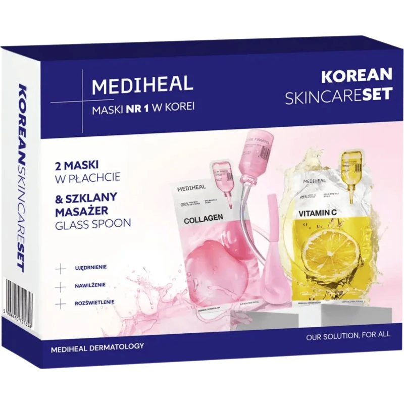 MEDIHEAL Zestaw odmładzająco-energizujący: 2 maski i masażer Glass Spoon