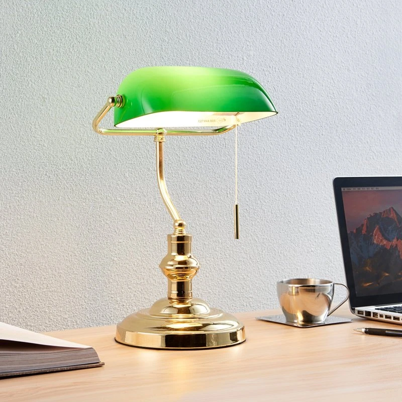 Lampa stołowa Lindby Milenka, mosiądz i zielony klosz, 39 cm