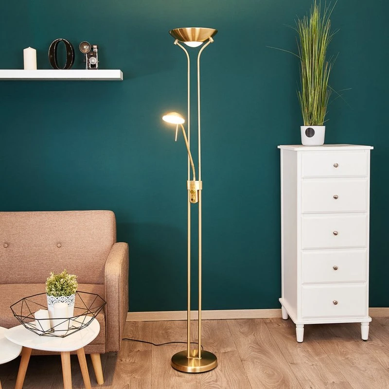Lampa podłogowa LED Lindby Josefin, mosiądz, ściemniana