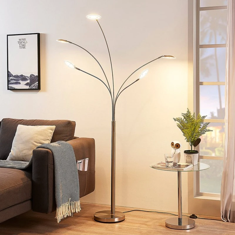 Lampa podłogowa Lindby Anea 5-punktowa, Nikiel/Biały, 179 cm