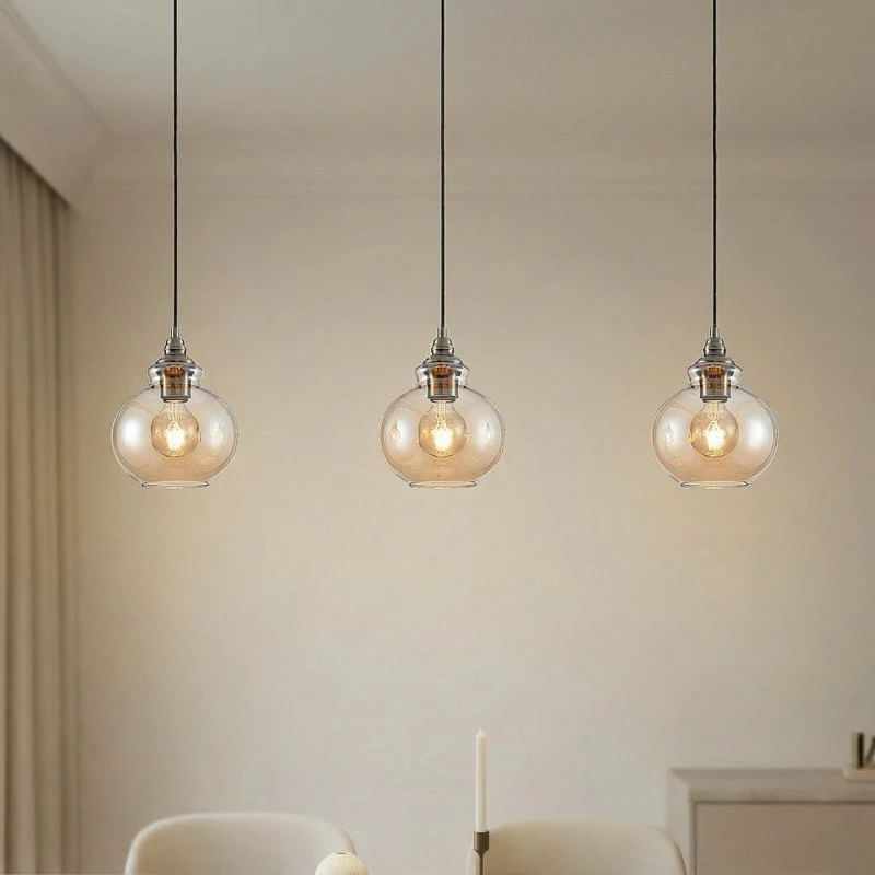 Lampa wisząca Lindby Tymoni Amber/Wood - 3-punktowa, szkło bursztynowe
