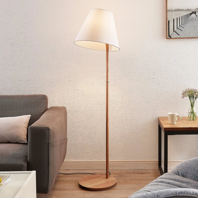 Lampa stojąca Lucande Jinda, drewno/biała tkanina, 160 cm, E27