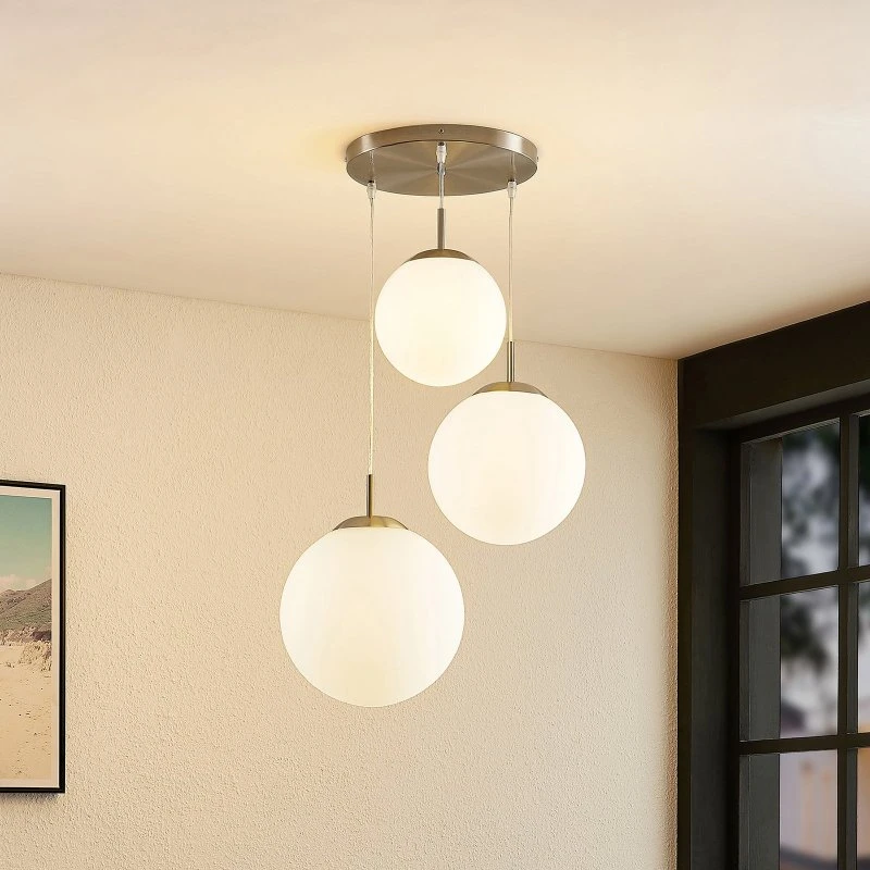 Lindby Heleska Lampa Wisząca Opal/Nickel, 3-punktowa, Ø 47 cm
