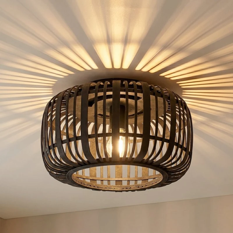 Lampa sufitowa Lindby Canyana, czarny rattan, Ø 40 cm