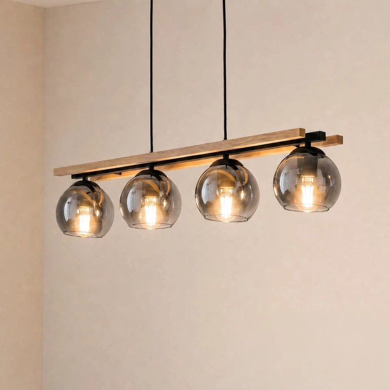 Lampa wisząca Lindby Enrique Smoke/Wood/Black – 4-punktowa