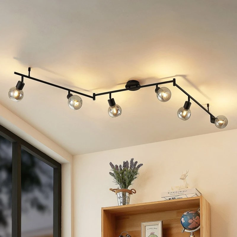 Lindby Eridia 6 Lampa Sufitowa Black - Czarna Stal i Dymione Szkło