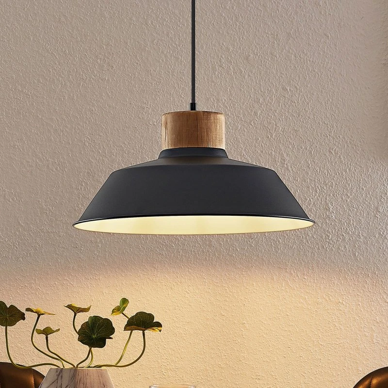 Lampa wisząca Lindby Nefeli Black – drewno i metal, Ø 42 cm