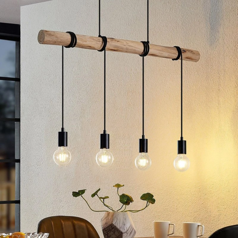 Lindby Ferris 4 Lampa Wisząca Wood/Black - Drewno Eukaliptusowe