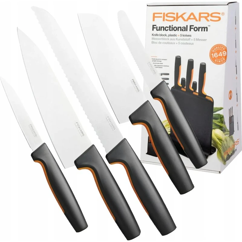 Fiskars Zestaw Noży 5x Noż Szefa Kuchni do Chleba, Warzyw, Obierania