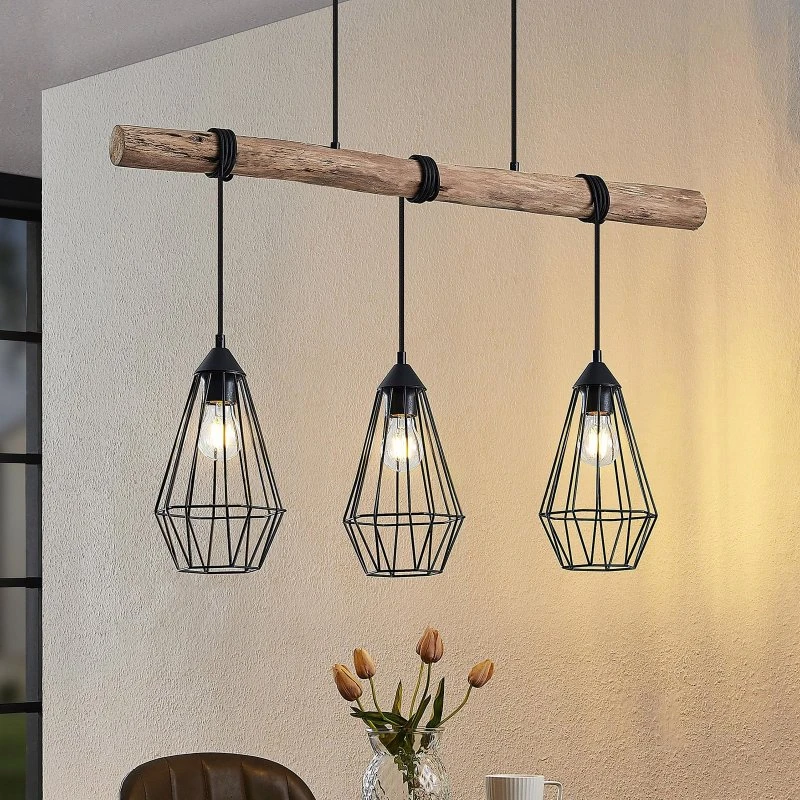 Lampa wisząca Lindby Eldarion, 90 cm, 3-punktowa, drewno/metal