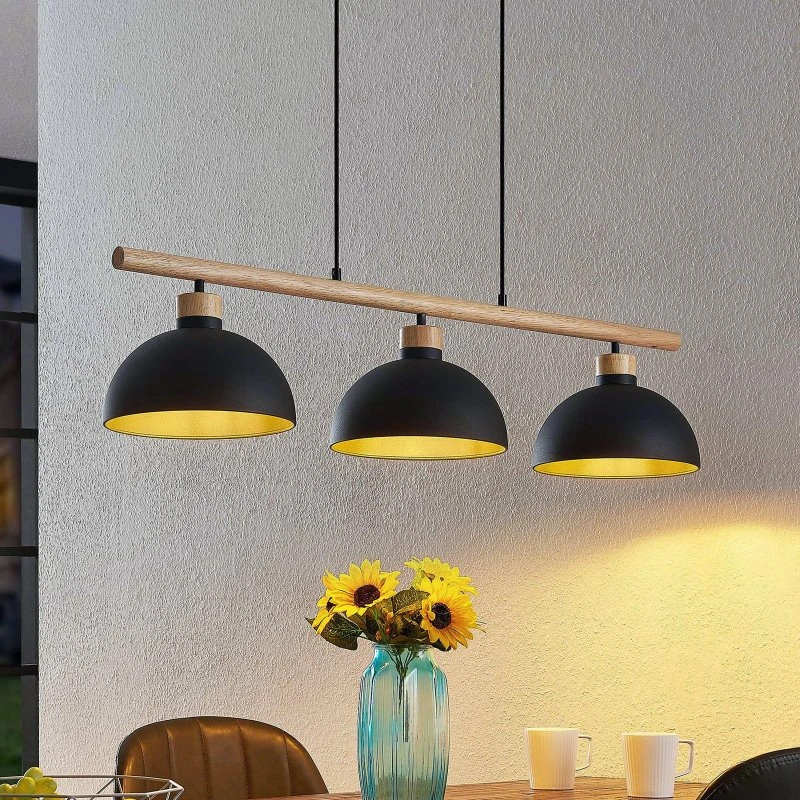 Lindby Tirzana Lampa wisząca 3-punktowa, czarny metal, drewno