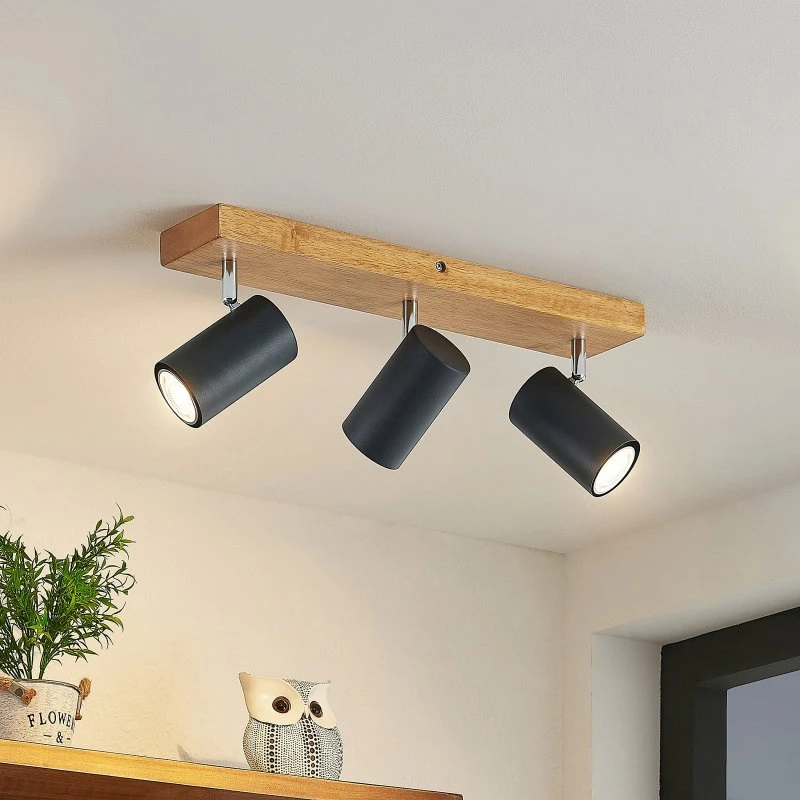 Lindby Maniva Lampa Sufitowa Black/Wood, 3-punktowa, 44 cm