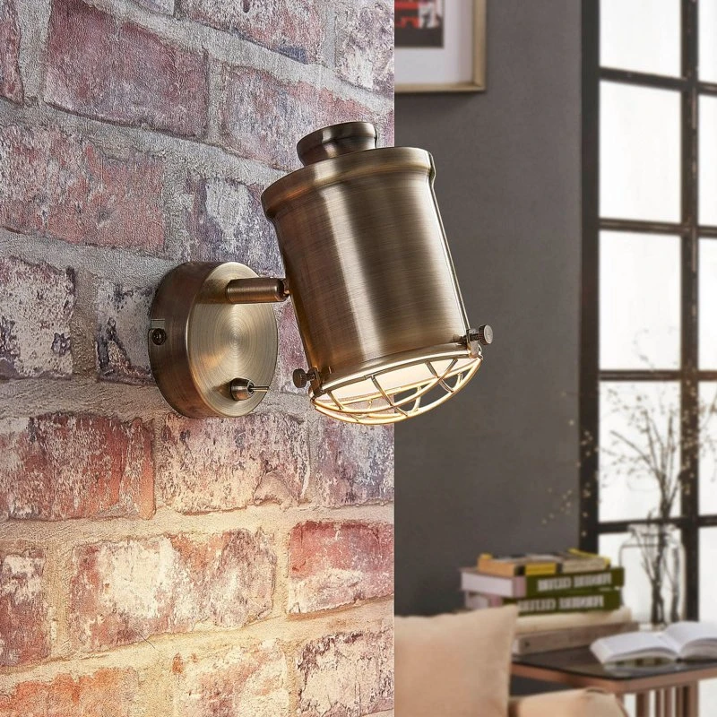 Lampa ścienna Lindby Ebbi Dim. Brass - mosiądz, styl industrialny