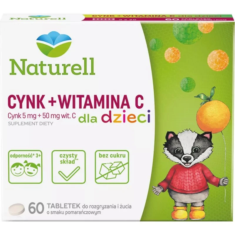 Naturell Cynk + Witamina C dla dzieci, 60 tabletek do żucia