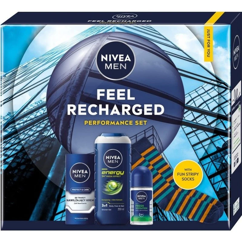 Nivea Men Feel Recharged: Zestaw nawilżający (Krem 75ml, Żel 250ml, Roll-on 50ml)