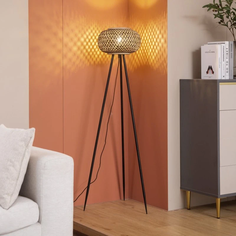 Lindby Nerys Lampa Podłogowa Black/Wood - Bambusowy Trójnóg