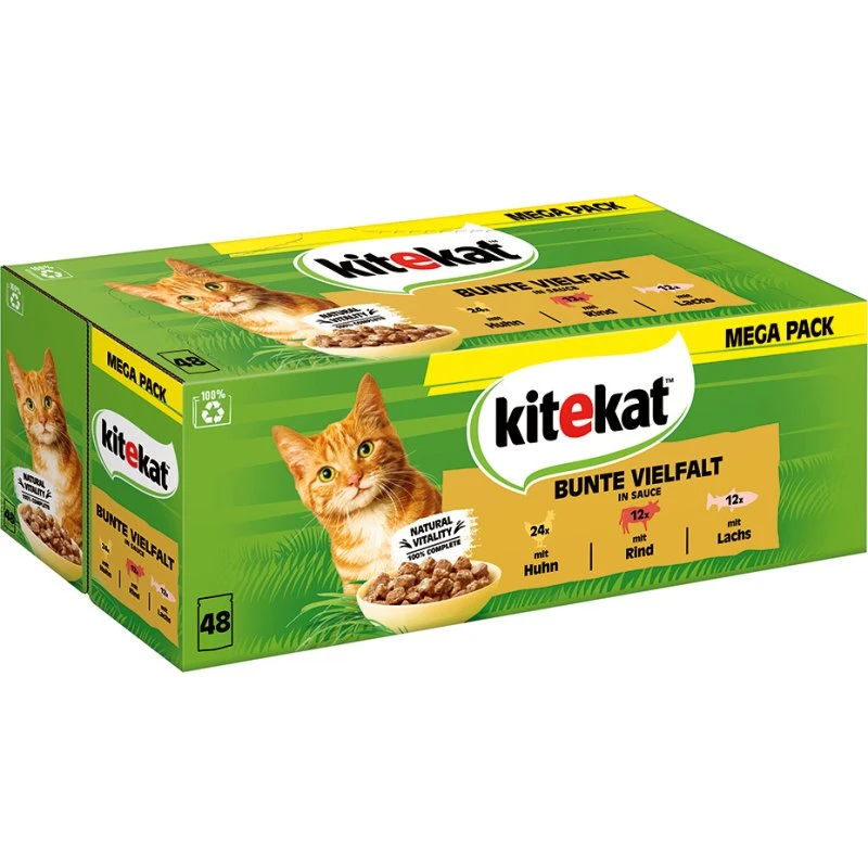 Kitekat Karma mokra w saszetkach, Mix smaków (Wołowina, Kurczak, Łosoś), 48 x 85 g