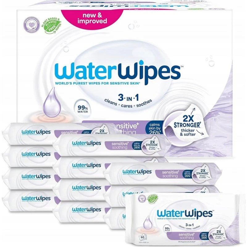 WaterWipes Sensitive+ Kojące chusteczki nawilżane z lawendą, 12x60 szt.