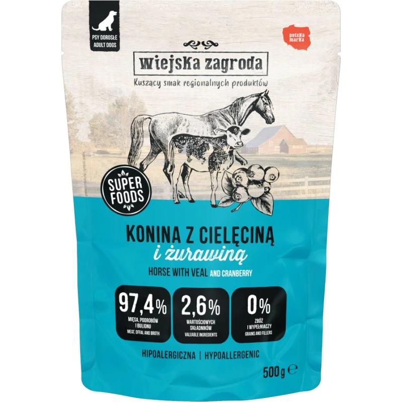Wiejska Zagroda dla psa, saszetki, Konina z cielęciną, 2 x 500 g